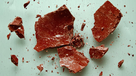 Broken pieces of dark chocolate on a mint green backgroundの素材