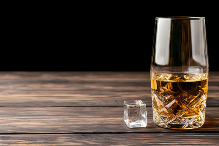 Glass of amber whiskey on wooden tableの素材