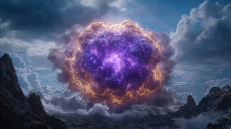 Dramatic explosion in the sky above a mountainous landscapeの素材
