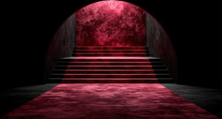 Dramatic red and black staircase leading to a glowing portalの素材