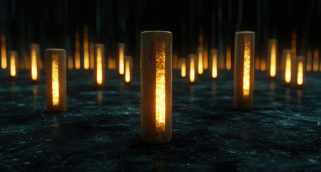 Glowing pillars in a dark, watery environmentの素材