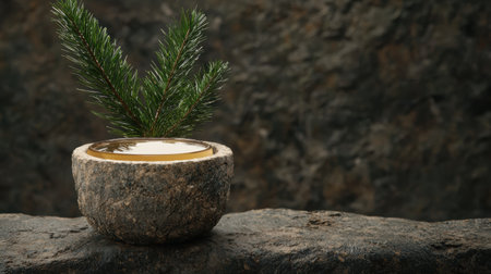 Festive pine branch in a stone bowl on a rocky surfaceの素材