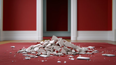 Shattered glass and debris on red floorの素材