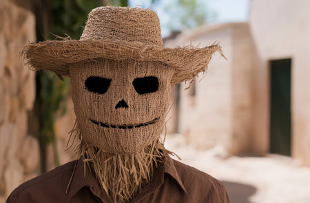 Scarecrow wearing straw hat in fieldの素材