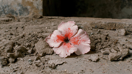 Vibrant pink hibiscus flower blooming on cracked earthの素材