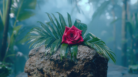 tropical rose on rock with palm leavesの素材
