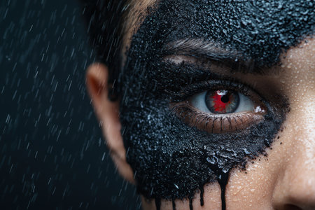 Dramatic close-up of a person's eye with red iris and wet, dark makeupの素材