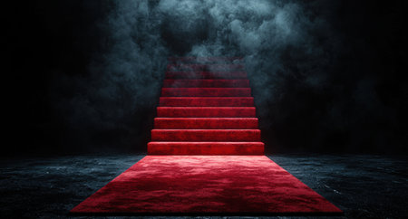 Mysterious red carpet staircase in dark smoky atmosphereの素材