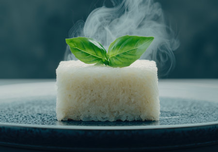 Steaming white rice cake with fresh basil leavesの素材