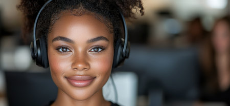young woman with headphones looking at cameraの素材