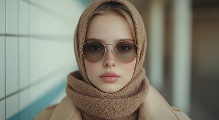 woman wearing beige scarf and sunglassesの素材