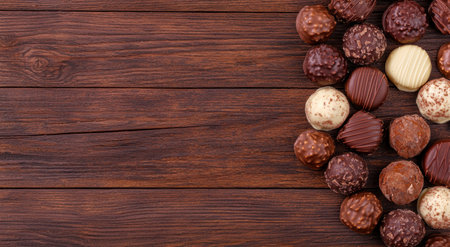 Assortment of chocolate candies on wooden backgroundの素材
