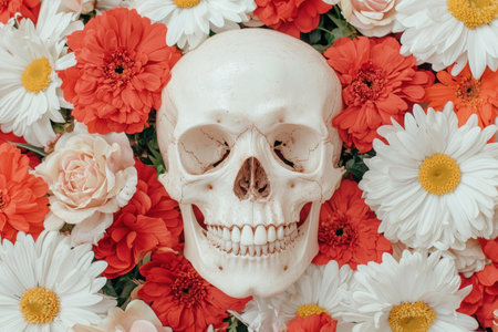 Skull surrounded by vibrant flowersの素材