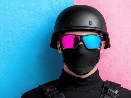 person in protective gear against colorful backgroundの素材