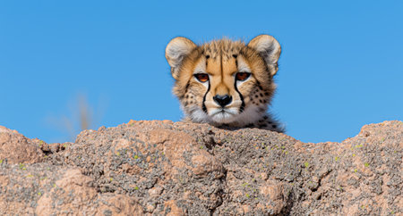 Close-up of a cheetah peeking over a rockの素材