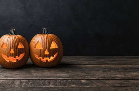 Carved pumpkins with glowing faces on wooden tableの素材