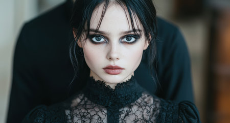 Mysterious woman with dark hair and intense gazeの素材