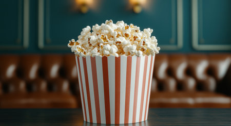 Delicious popcorn in a striped containerの素材