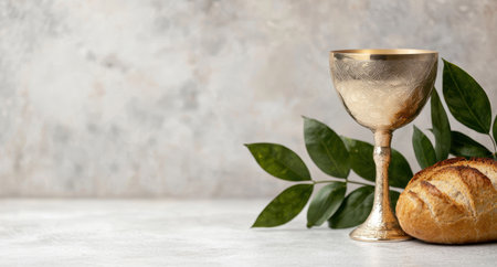Ornate golden chalice with fresh bread and leavesの素材