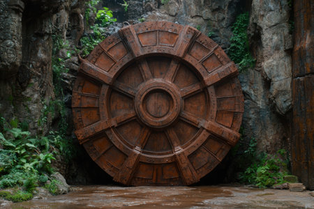 Massive ancient wooden wheel in forest settingの素材