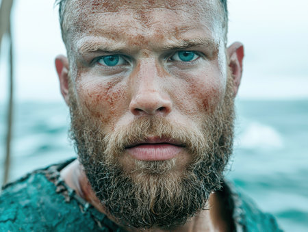 rugged bearded man with intense blue eyesの素材