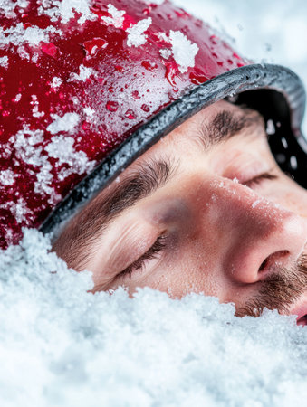 close-up of person's face covered in snowの素材