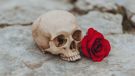 Skull and red rose on a rocky surfaceの素材