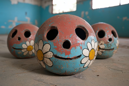 Whimsical painted ceramic balls with smiling flower designsの素材