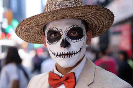 man with day of the dead makeup and sombreroの素材