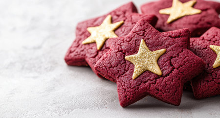Festive red velvet cookies with golden star decorationsの素材