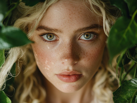 Captivating gaze of a young woman in natureの素材