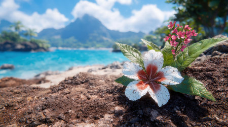 tropical beach with pink hibiscus flowerの素材