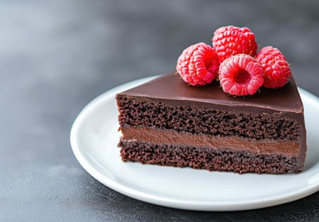 Delicious chocolate cake slice with fresh raspberriesの素材