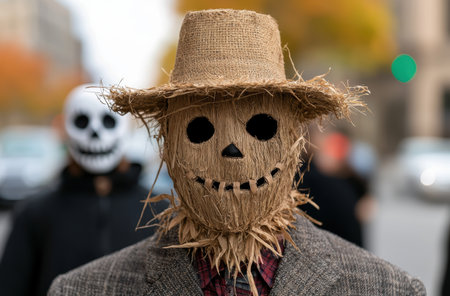 Spooky scarecrow figure with jack-o-lantern faceの素材