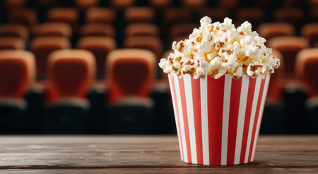 Delicious popcorn in a striped containerの素材