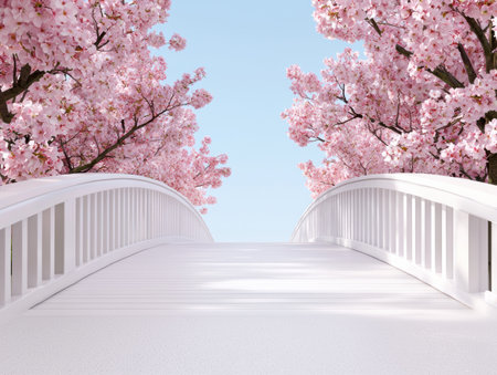 Blooming cherry blossom trees framing a white bridgeの素材