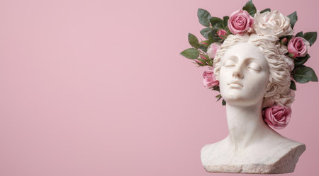 white marble bust with pink rose flowersの素材
