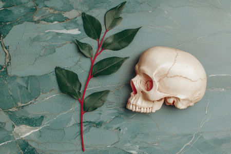 Skull and leaves on marble backgroundの素材