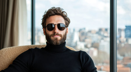 stylish man with beard and sunglasses looking out windowの素材