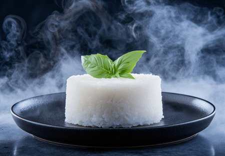 Steaming dessert with fresh basil leavesの素材