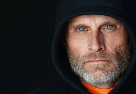 Rugged man with beard in hooded jacketの素材