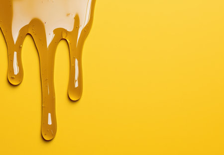 Dripping honey or syrup on a vibrant yellow backgroundの素材