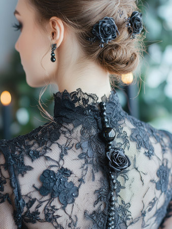 elegant woman in black lace dress with floral hair accessoryの素材