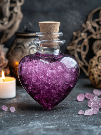 Mystical amethyst crystal potion bottle with candleの素材