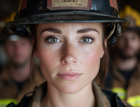 Determined firefighter with intense gazeの素材