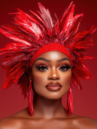 Vibrant red feathered headdress on woman's faceの素材