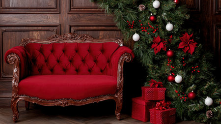 cozy christmas living room with decorated tree and red sofaの素材