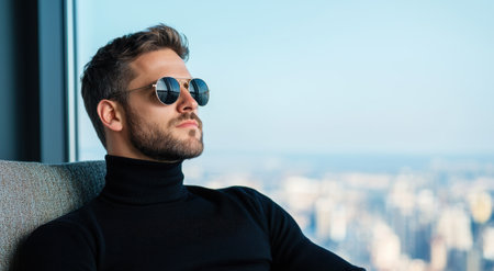 stylish man looking out window with sunglassesの素材