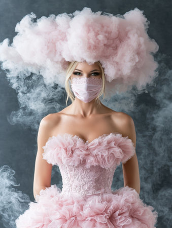 Glamorous woman in pink tulle dress and mask with dramatic smoke effectの素材