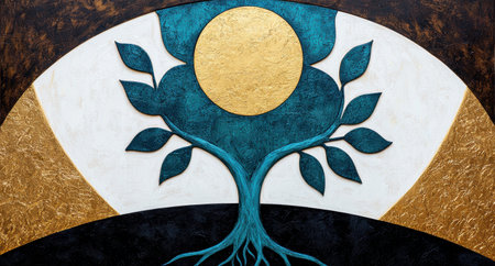 Mystical tree of life with golden sun and teal leavesの素材